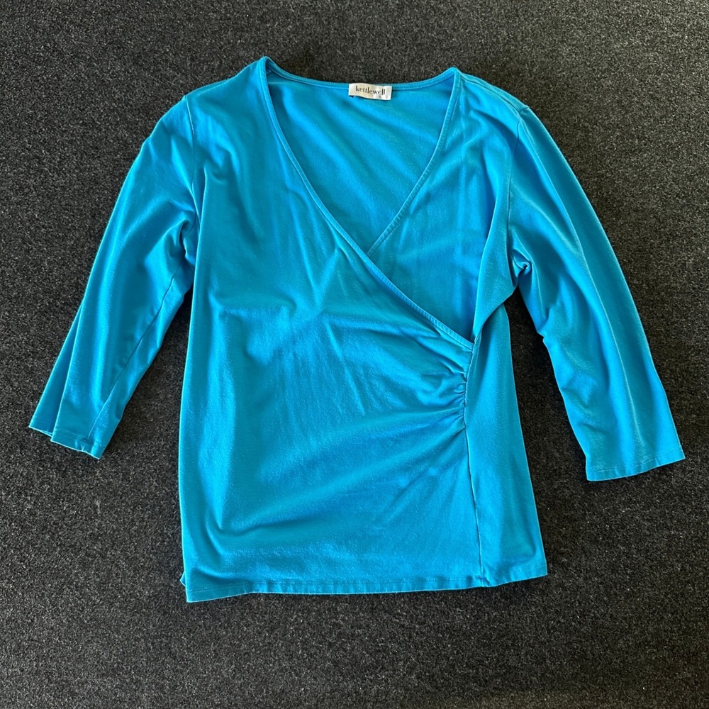 Kettlewell Turquoise Blue Faux Wrap V-Neck 3/4 Sleeve Top Large Cotton Modal